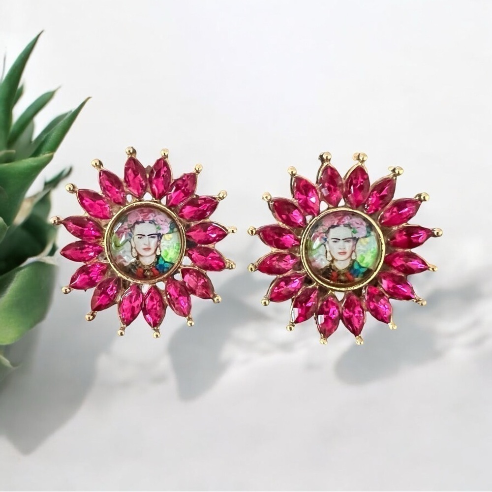 Frida Pink Floral Starburst Crystal Rhinestone Post Stud Earrings